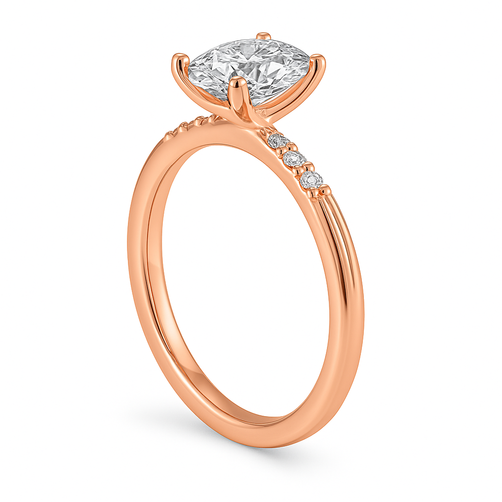 Rose gold ring with a diamond on a white background