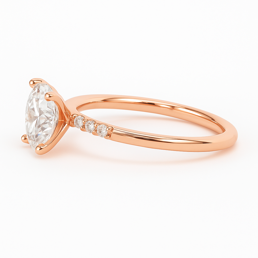 Rose gold ring with a large diamond and smaller diamonds on the band against a white background