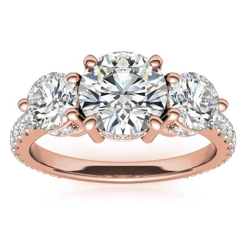 4.10 Carat E VS1 Round-Cut Solar Diamond Three-Stone Engagement Ring – Certified 14K Yellow Gold