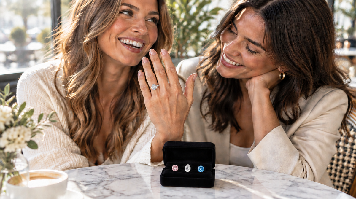 Two women smiling at a table, with one showing a ring on her finger while an open black jewelry box with three small colorful stones sits on the marble tabletop. The setting appears to be a bright indoor cafe or lounge with soft natural light.