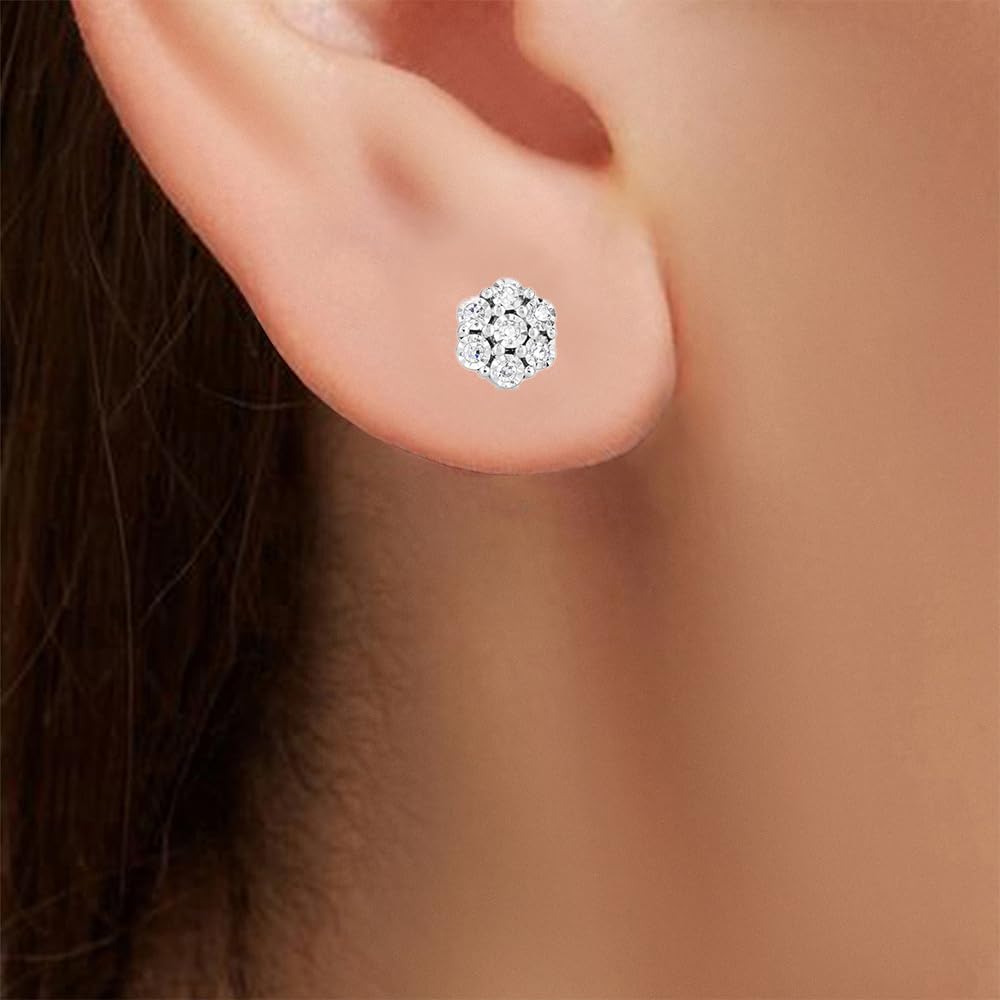Flower Shaped Sparkly Lab Grown Diamond Stud Earrings or Necklace for Women in Rhodium Plated Sterling Silver - Future Jewelry