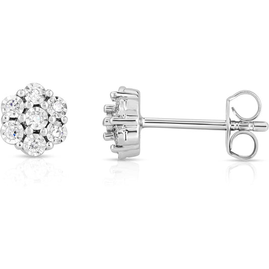 Flower Shaped Sparkly Lab Grown Diamond Stud Earrings or Necklace for Women in Rhodium Plated Sterling Silver - Future Jewelry