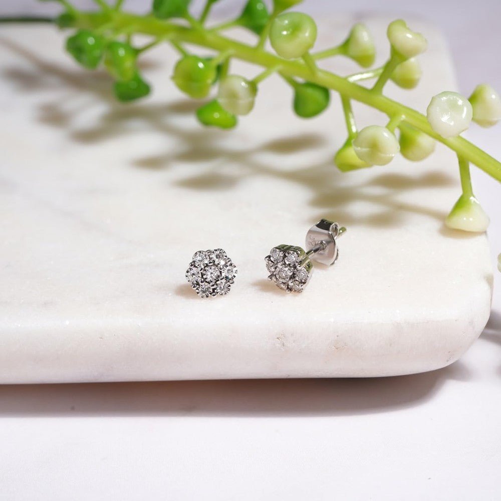 Flower Shaped Sparkly Lab Grown Diamond Stud Earrings or Necklace for Women in Rhodium Plated Sterling Silver - Future Jewelry