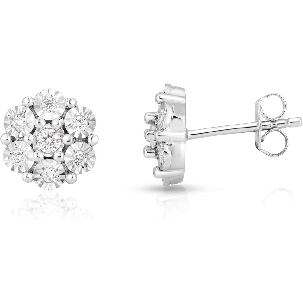 Flower Shaped Sparkly Lab Grown Diamond Stud Earrings or Necklace for Women in Rhodium Plated Sterling Silver - Future Jewelry