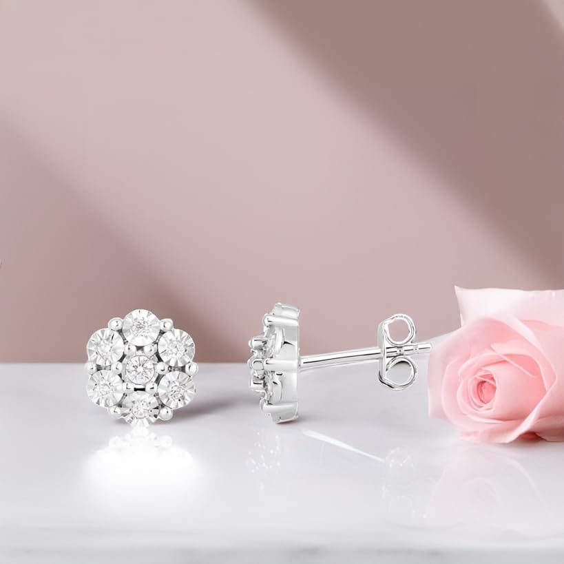 Flower Shaped Sparkly Lab Grown Diamond Stud Earrings or Necklace for Women in Rhodium Plated Sterling Silver - Future Jewelry