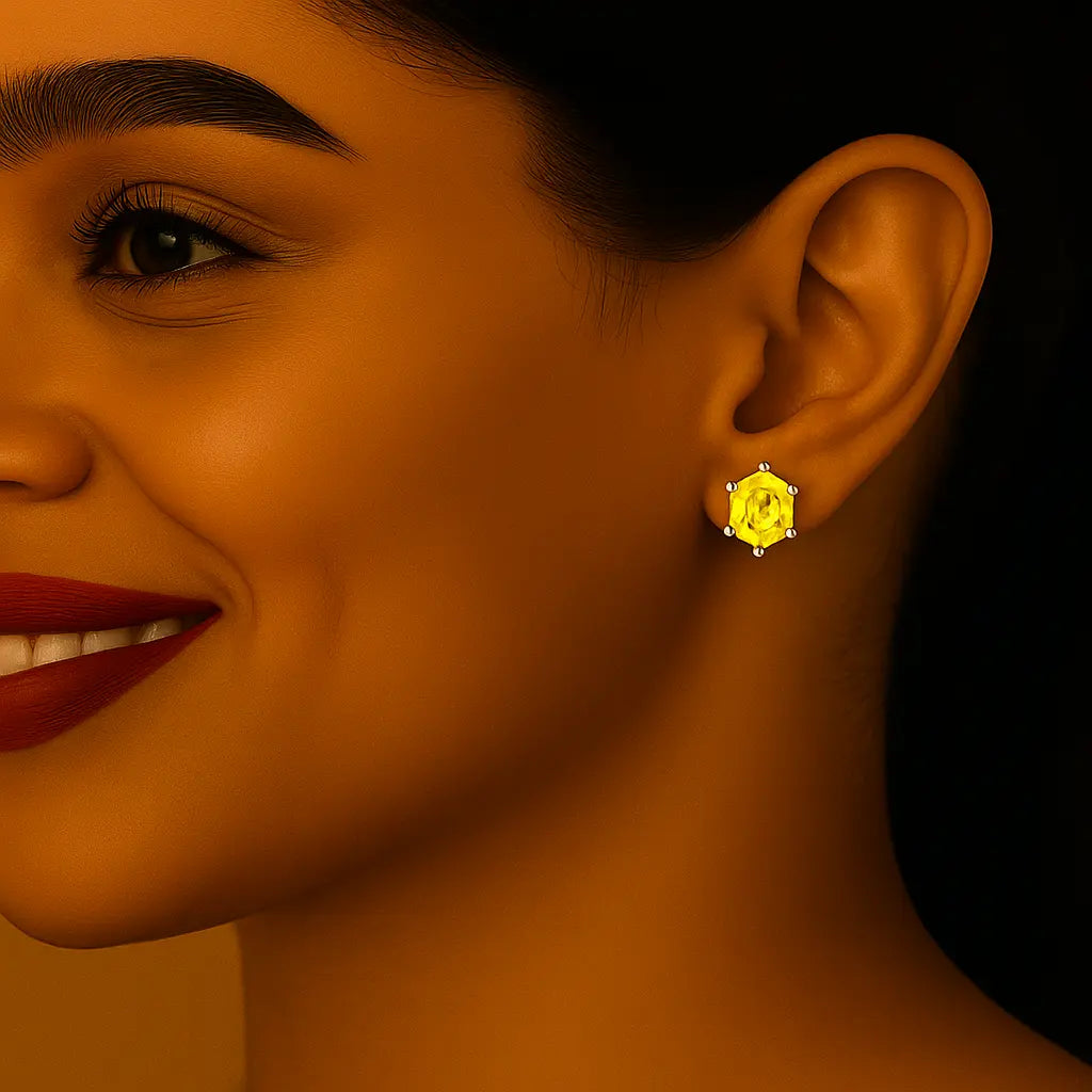 1 carat fancy yellow round lab grown diamond stud earrings in 14K gold, Future Jewelry