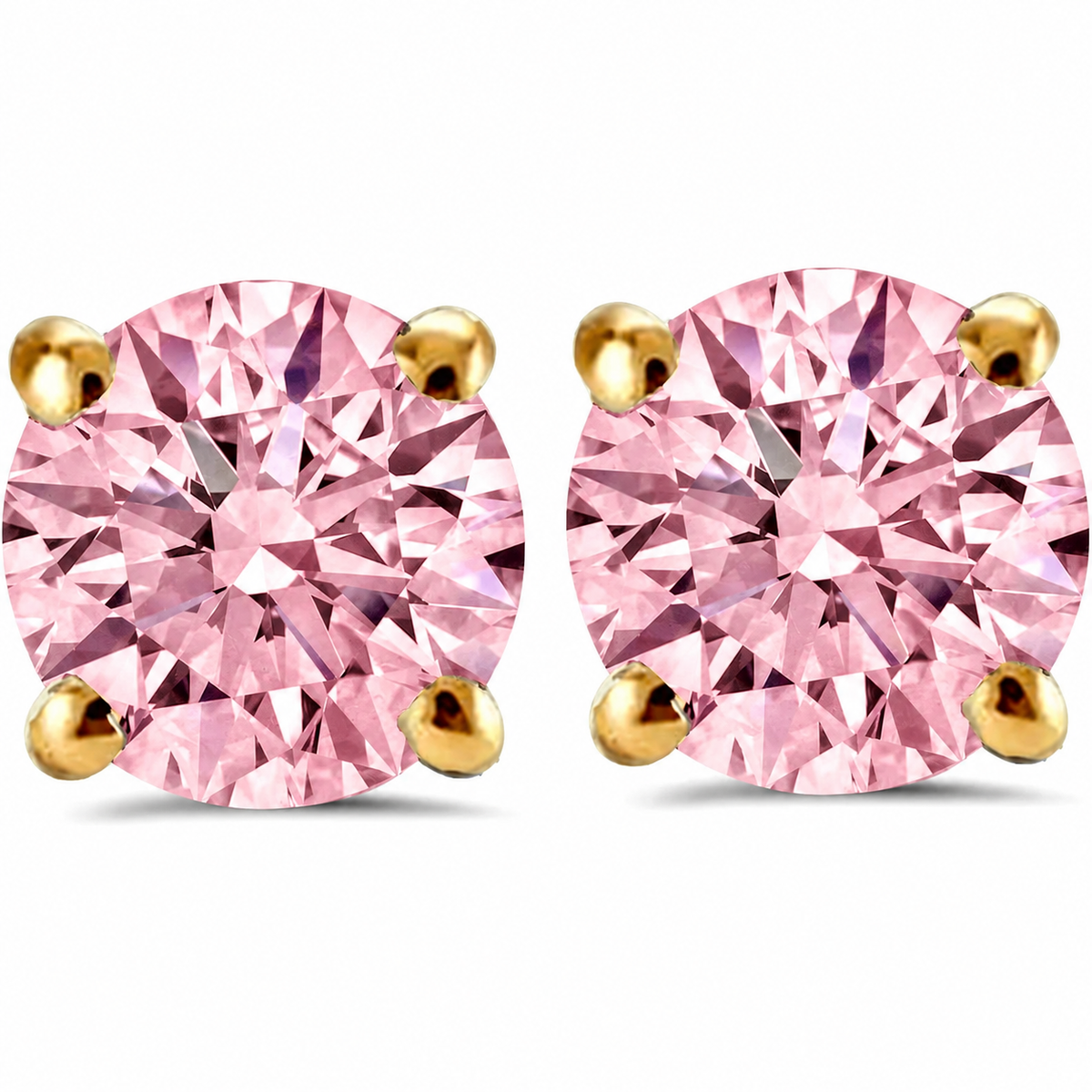 Pink lab grown diamond stud earrings with 14K yellow gold setting, illustrative image