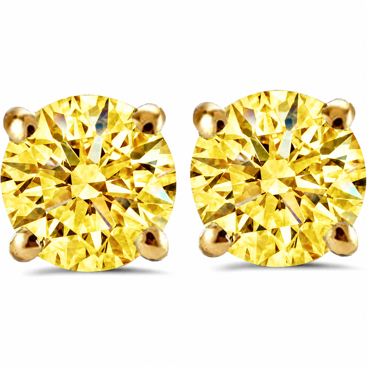 Yellow lab grown diamond stud earrings, gold-tone prongs, color visualization