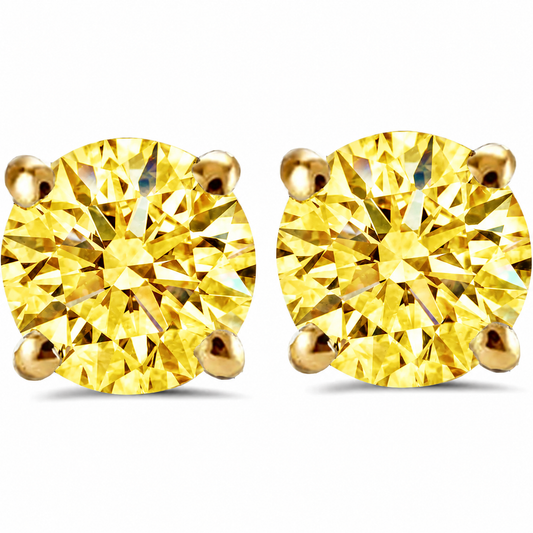 Yellow lab grown diamond stud earrings, gold-tone prongs, color visualization