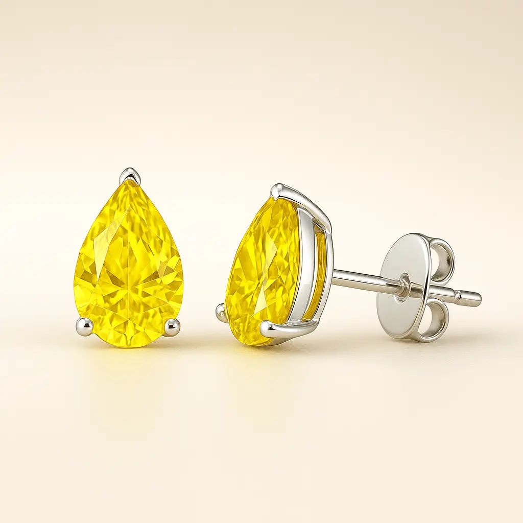 Pear yellow lab grown diamond earrings in 14K white gold, Future Jewelry