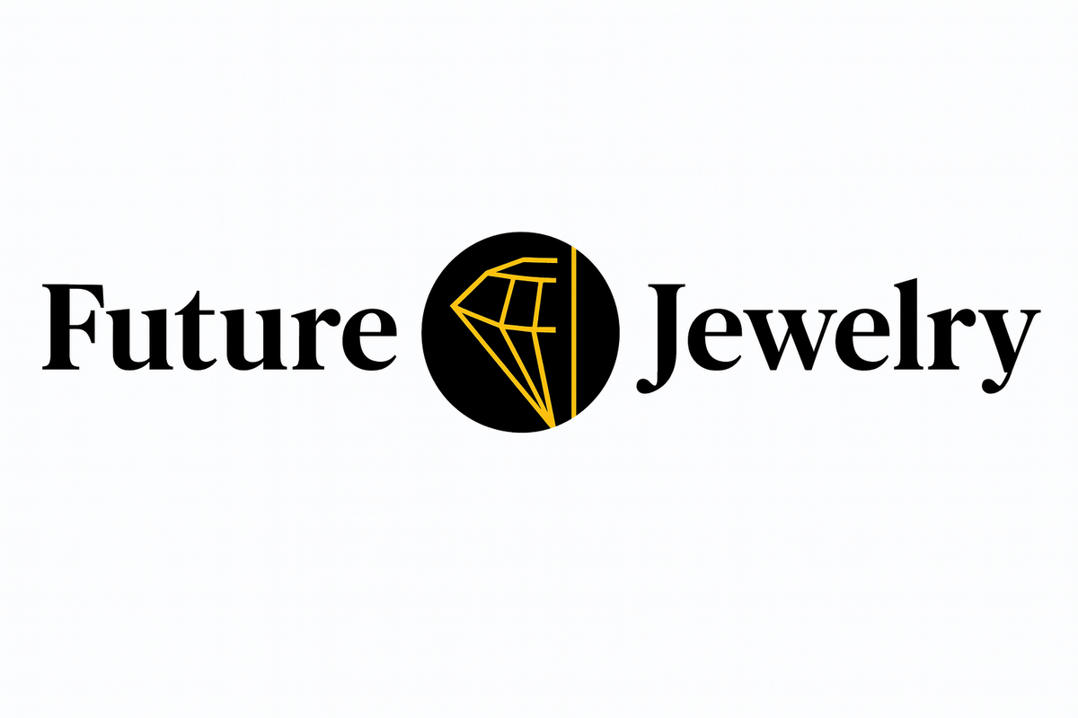 Logo of Future Jewelry with a black circle and yellow diamond outline on a white background