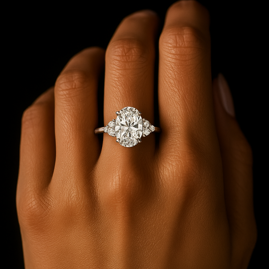 Diamond ring on a person's finger with a dark background