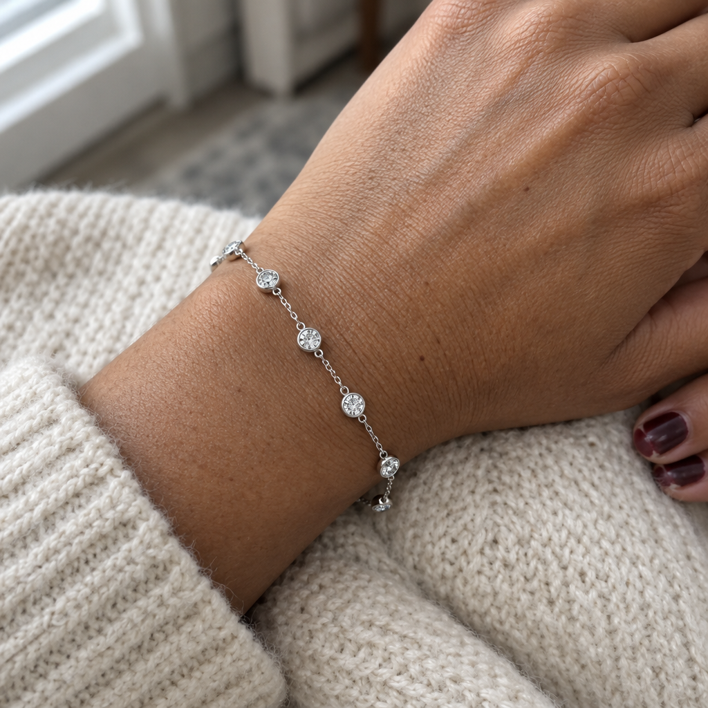 Lab Grown Diamond Station Bracelet in 14K White Gold worn on the wrist - Future Jewelry
