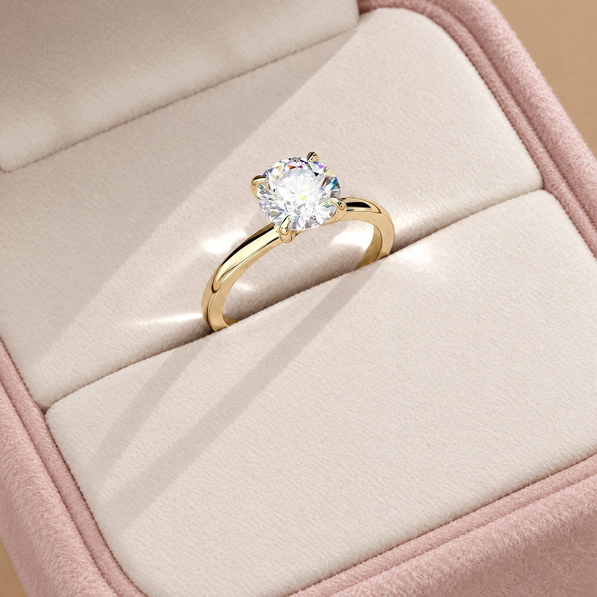 1.50 Carat Round Lab Grown Diamond Ring in 14K yellow gold in a pink ring box - Future Jewelry