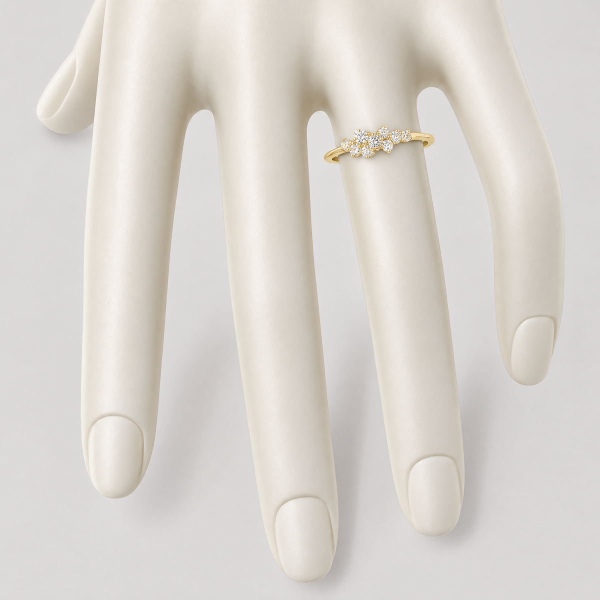 Lab Grown Diamond Cluster Ring in 14K yellow gold on a display hand - Future Jewelry