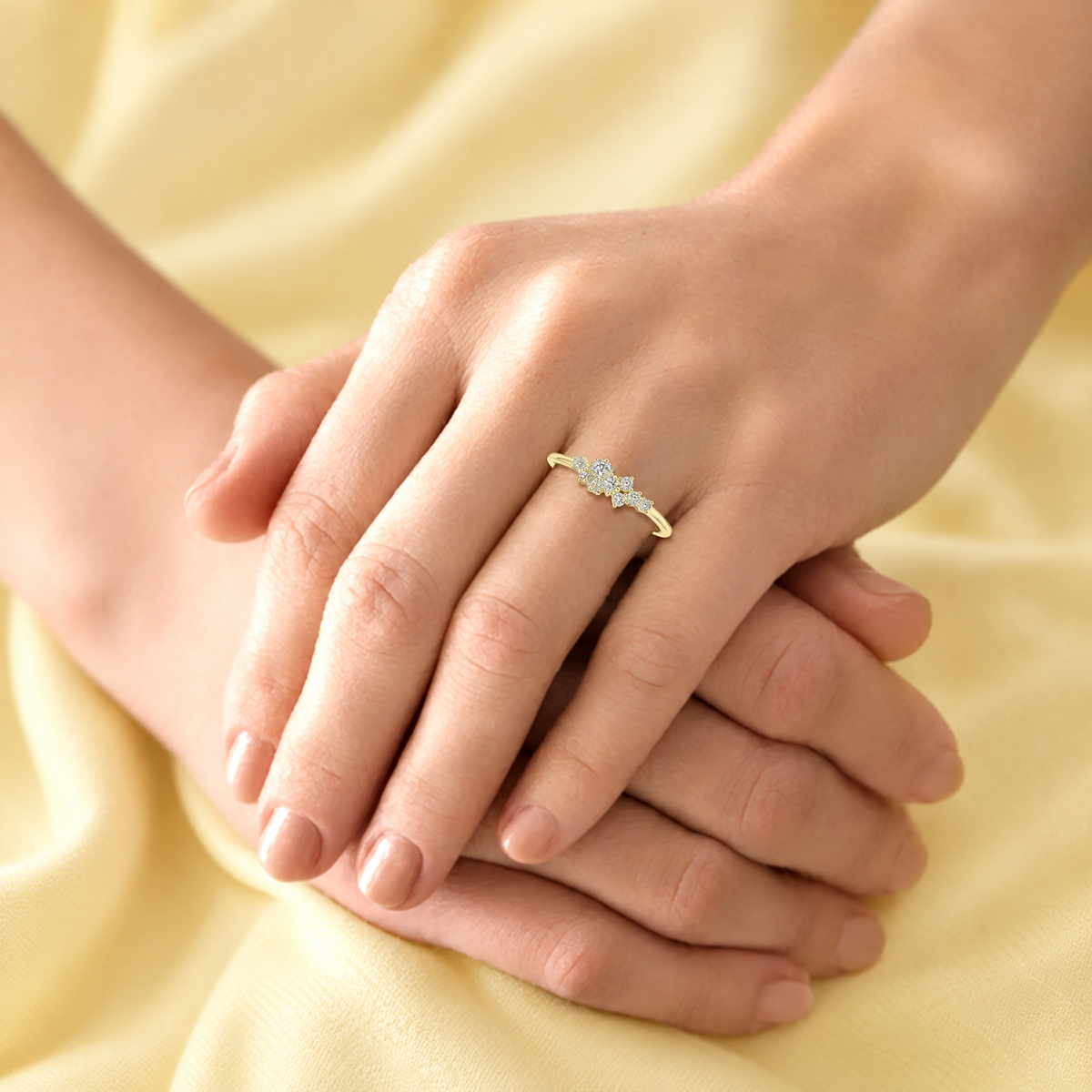 Lab Grown Diamond Cluster Ring in 14K yellow gold worn on the hand - Future Jewelry