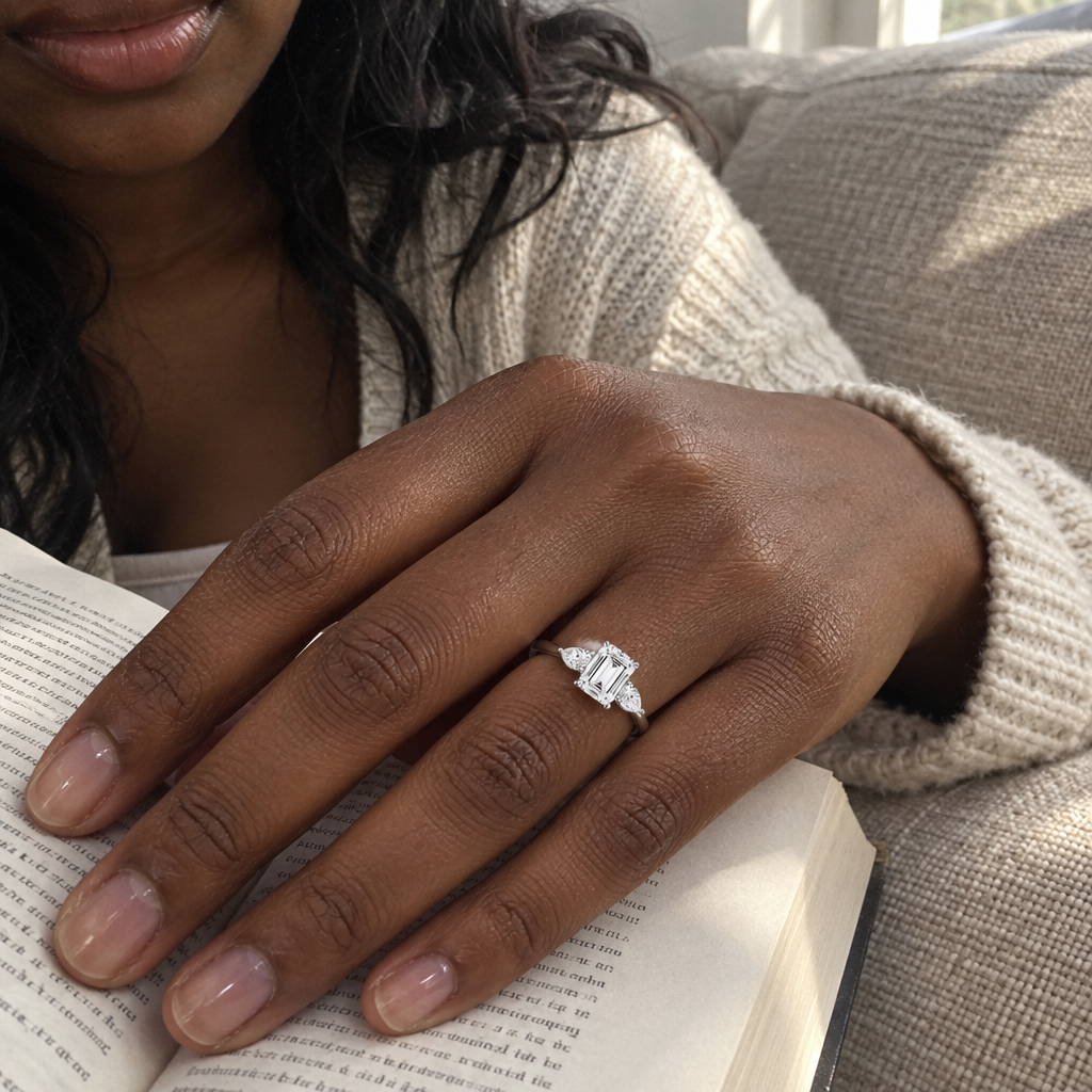 2.50 Carat Emerald Cut Lab Grown Diamond Engagement Ring in 14K White Gold worn on hand - Future Jewelry