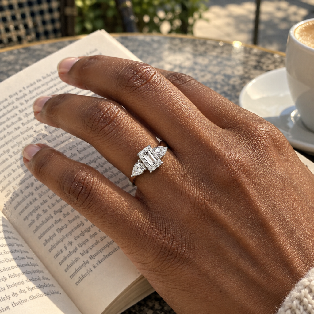 3.50 Carat Emerald Cut Lab Grown Diamond Engagement Ring in 14K White Gold, worn on hand - Future Jewelry