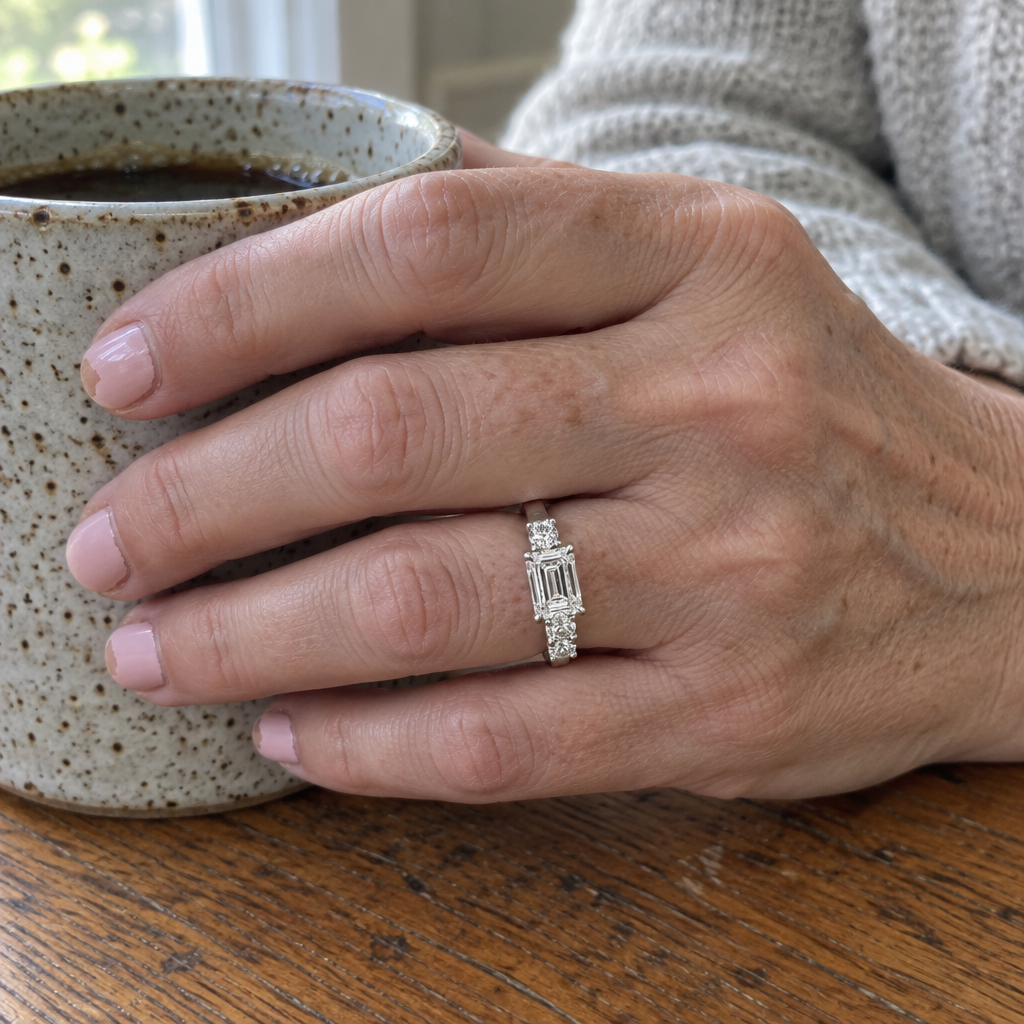 3 Carat Emerald Cut Lab Grown Diamond Engagement Ring in 14K White Gold, worn on hand - Future Jewelry