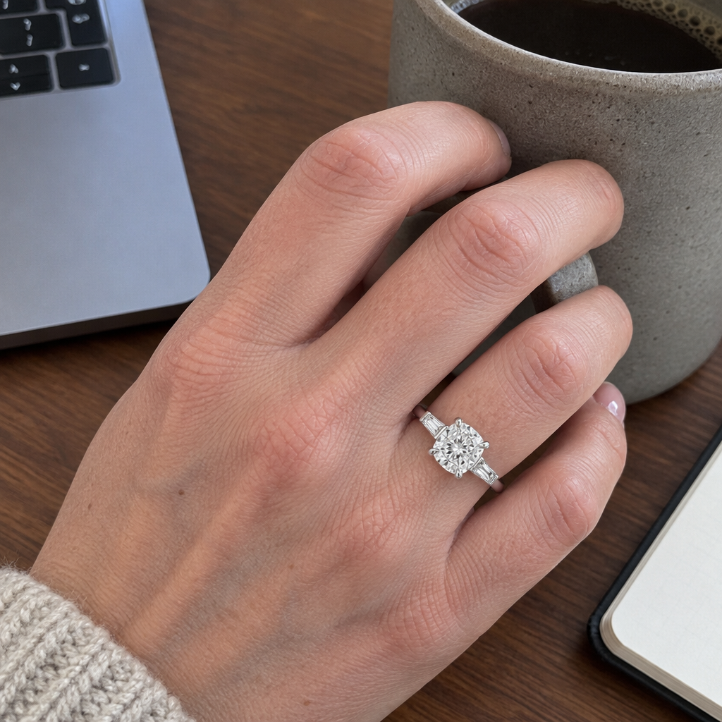3 Carat Cushion Cut Lab Grown Diamond Three Stone Engagement Ring worn on hand in 14K White Gold - Future Jewelry