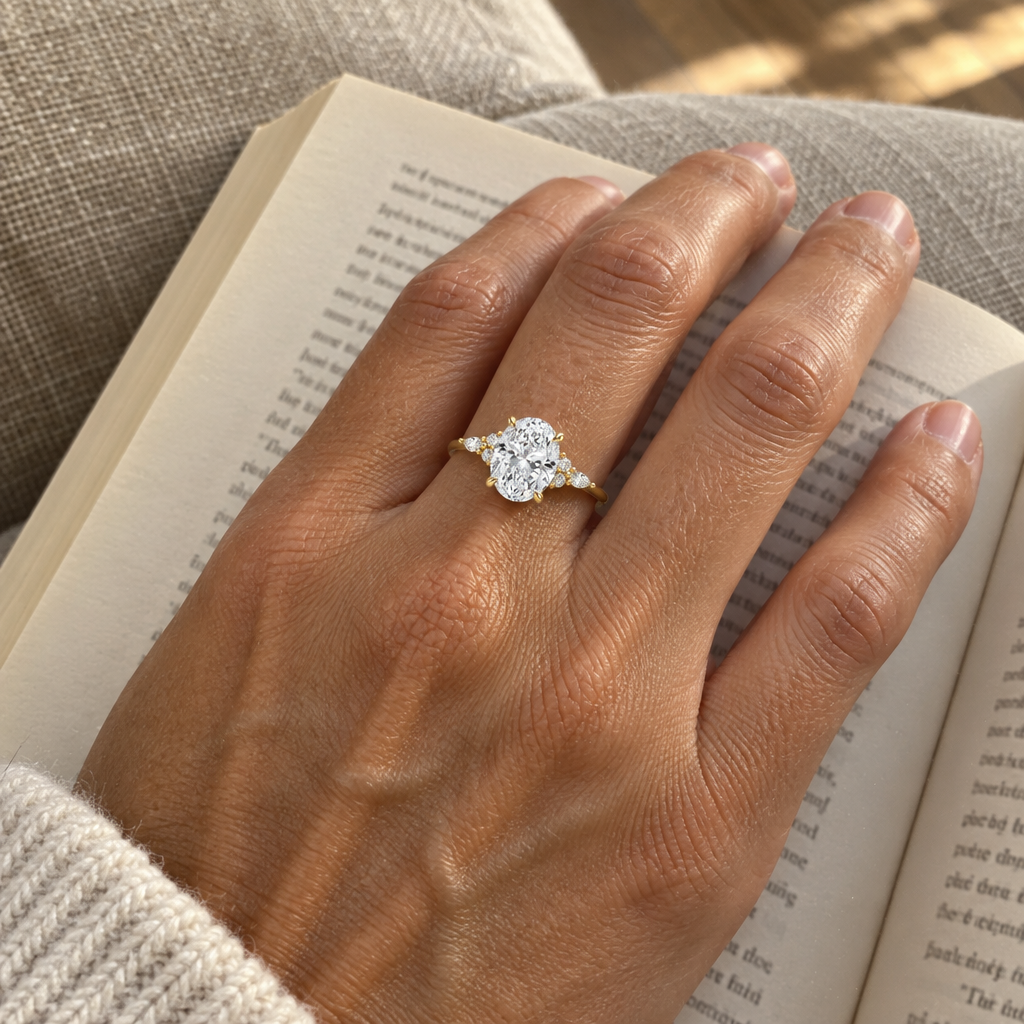 3 Carat Oval Cut Lab Grown Diamond Engagement Ring worn on hand in 14K Yellow Gold - Future Jewelry