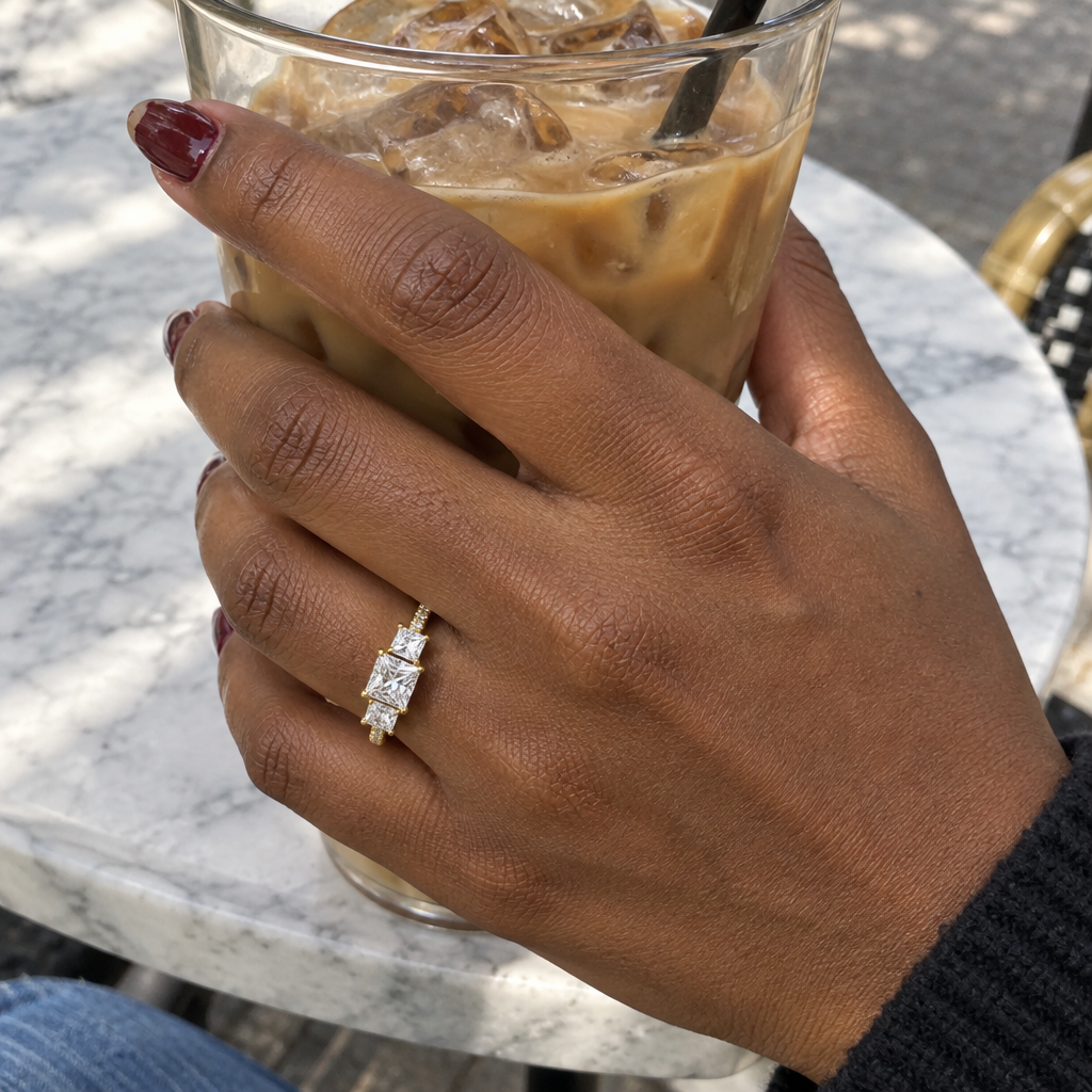 3 Carat Princess Cut Lab Grown Diamond Three Stone Engagement Ring worn on hand in 14K Yellow Gold - Future Jewelry