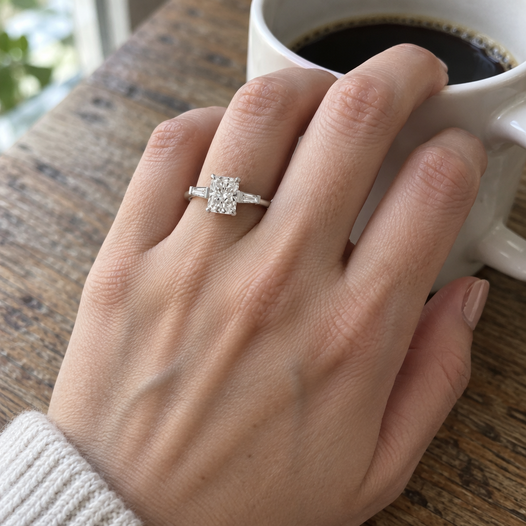 3 Carat Radiant Cut Lab Grown Diamond Three Stone Engagement Ring in 14K White Gold worn on hand - Future Jewelry