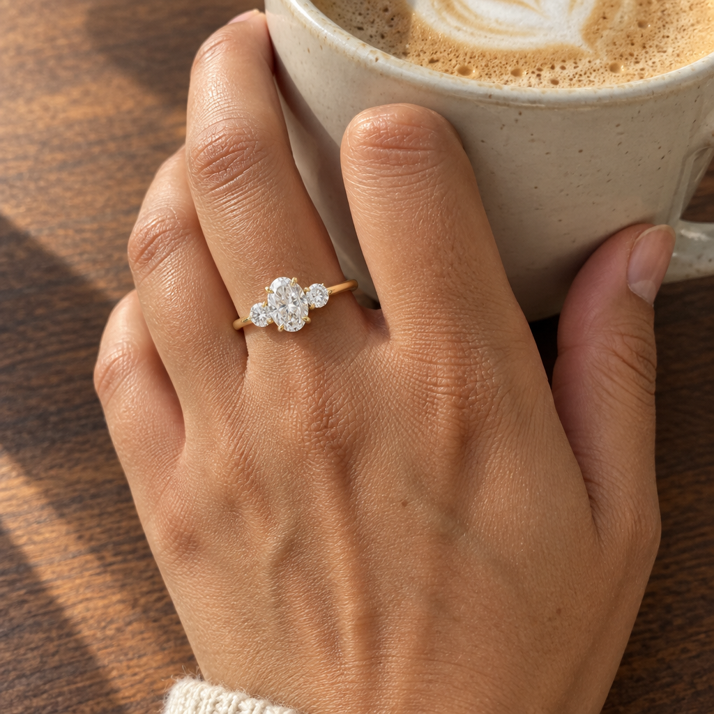 3 Carat Oval Cut Lab Grown Diamond Three Stone Engagement Ring in 14K Yellow Gold worn on hand - Future Jewelry