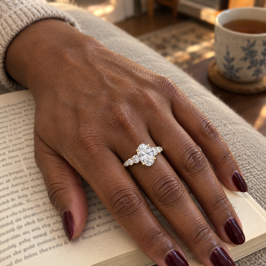 3 Carat Oval Cut Lab Grown Diamond Engagement Ring with Side Stones in 14K Yellow Gold - Future Jewelry