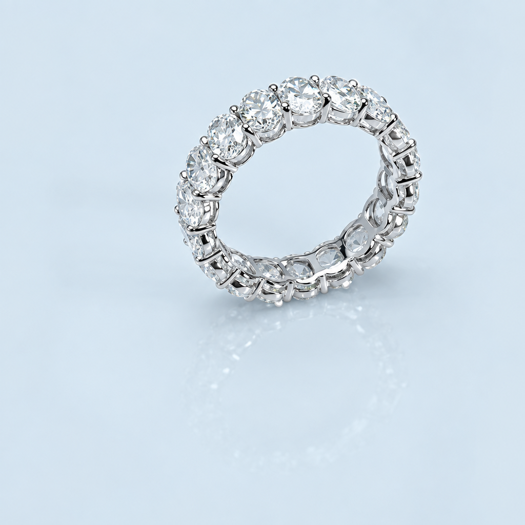 White Gold Oval Cut Lab Grown Diamond Eternity Ring for Women in white gold, angled view - Future Jewelry