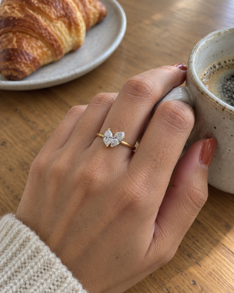 18K Yellow Gold Pear and Marquise Cut Lab Grown Diamond Eternity Ring in 18K yellow gold, worn on hand - Future Jewelry