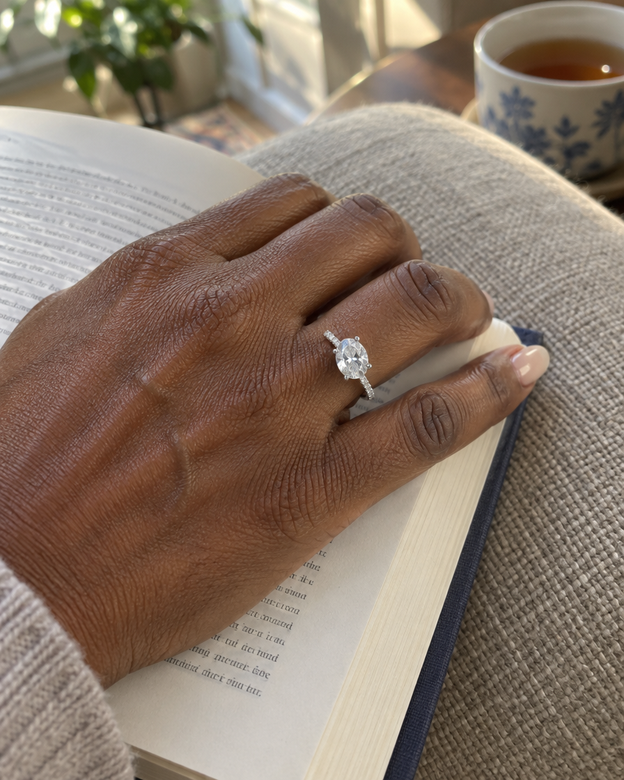 18K White Gold Oval Cut Lab Grown Diamond Engagement Ring in 18K white gold, worn on hand - Future Jewelry