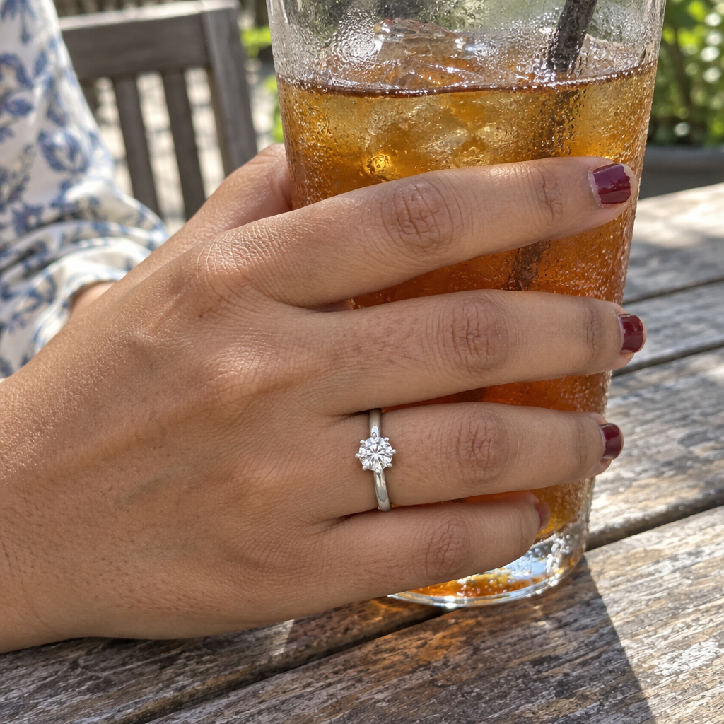 18K White Gold Round Brilliant Cut Lab Grown Diamond Eternity Ring in white gold worn on hand - Future Jewelry