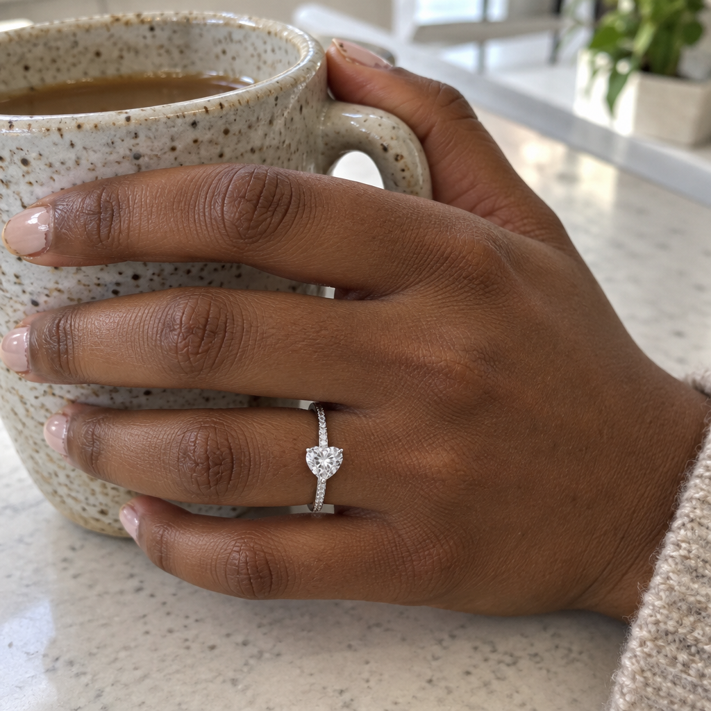 White Gold Heart Cut Lab Grown Diamond Engagement Ring in white gold worn on hand - Future Jewelry