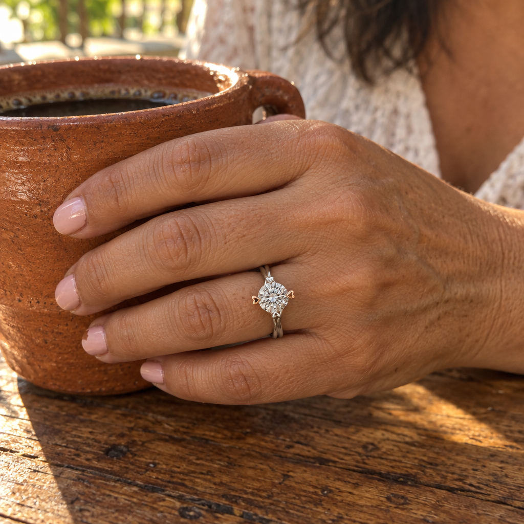 Diamond Engagement Ring for Women in 18K Gold in white and rose gold worn on hand - Future Jewelry