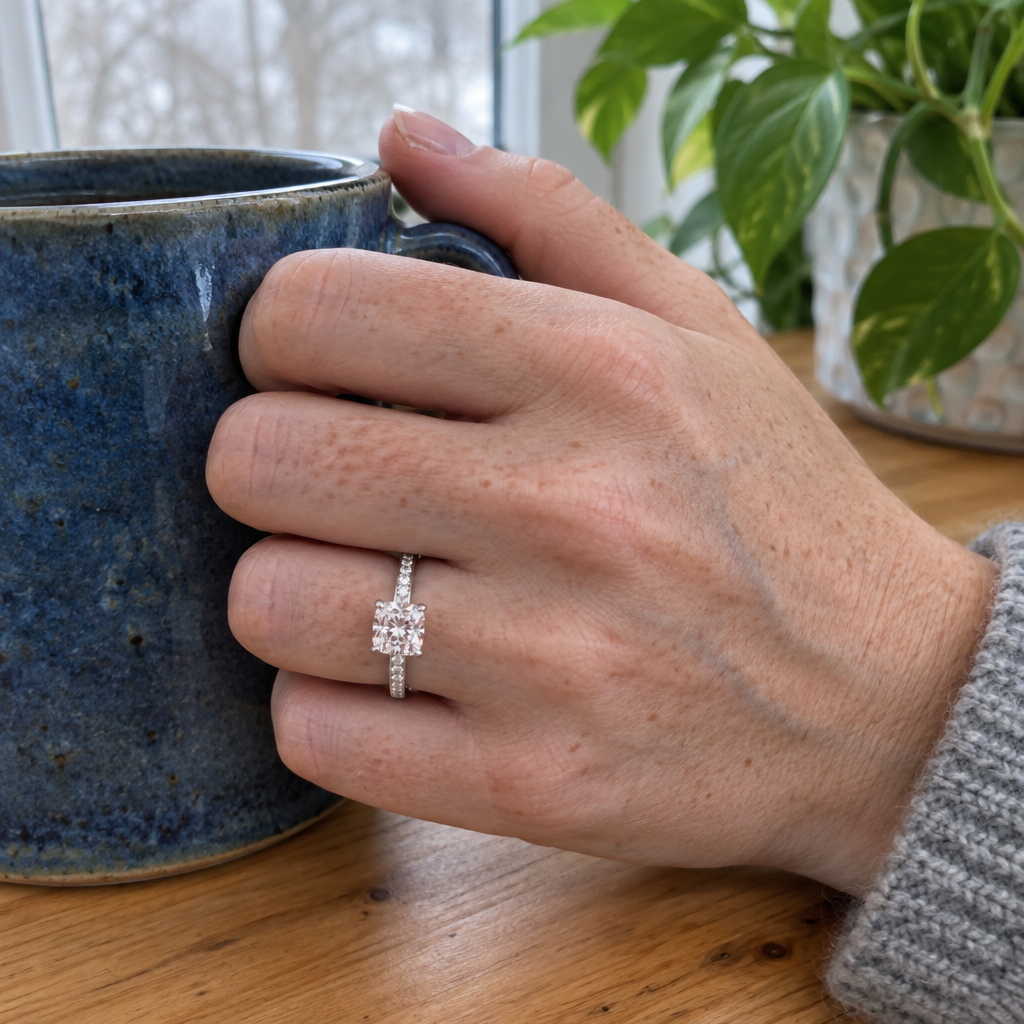 Cushion Cut Lab Grown Diamond Engagement Ring in 18K White Gold in white gold worn on hand - Future Jewelry