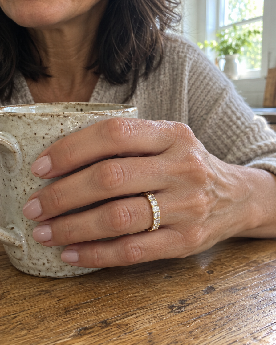 Emerald Cut Lab Grown Diamond Eternity Ring in 18K Yellow Gold worn on hand - Future Jewelry