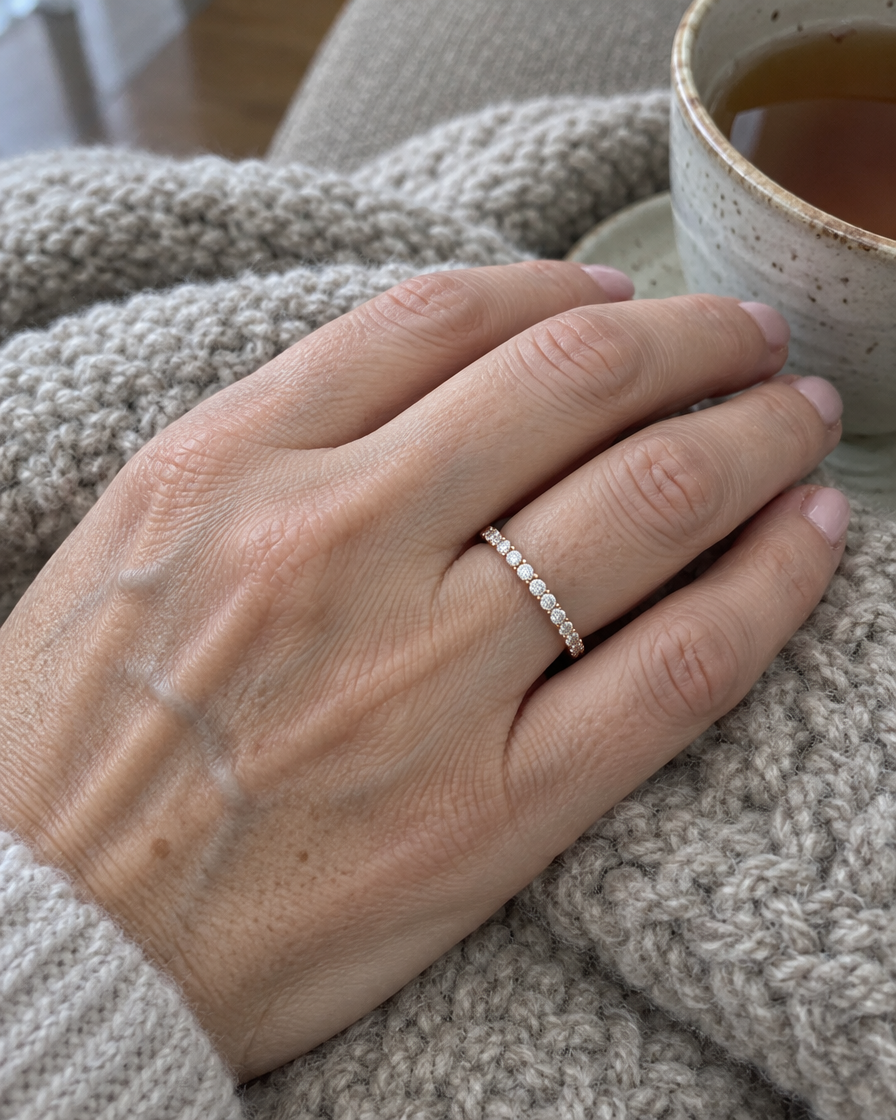 18K Rose Gold Classic Eternity Ring with Round Lab Grown Diamonds worn on hand - Future Jewelry