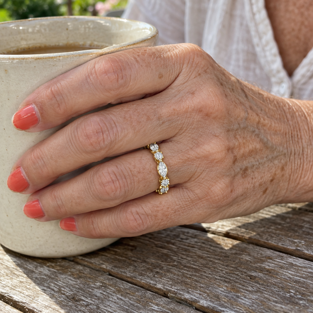 The Timeless Brilliance Band: 18K Gold Lab Grown Diamond Eternity Ring in 18K Yellow Gold worn on hand - Future Jewelry