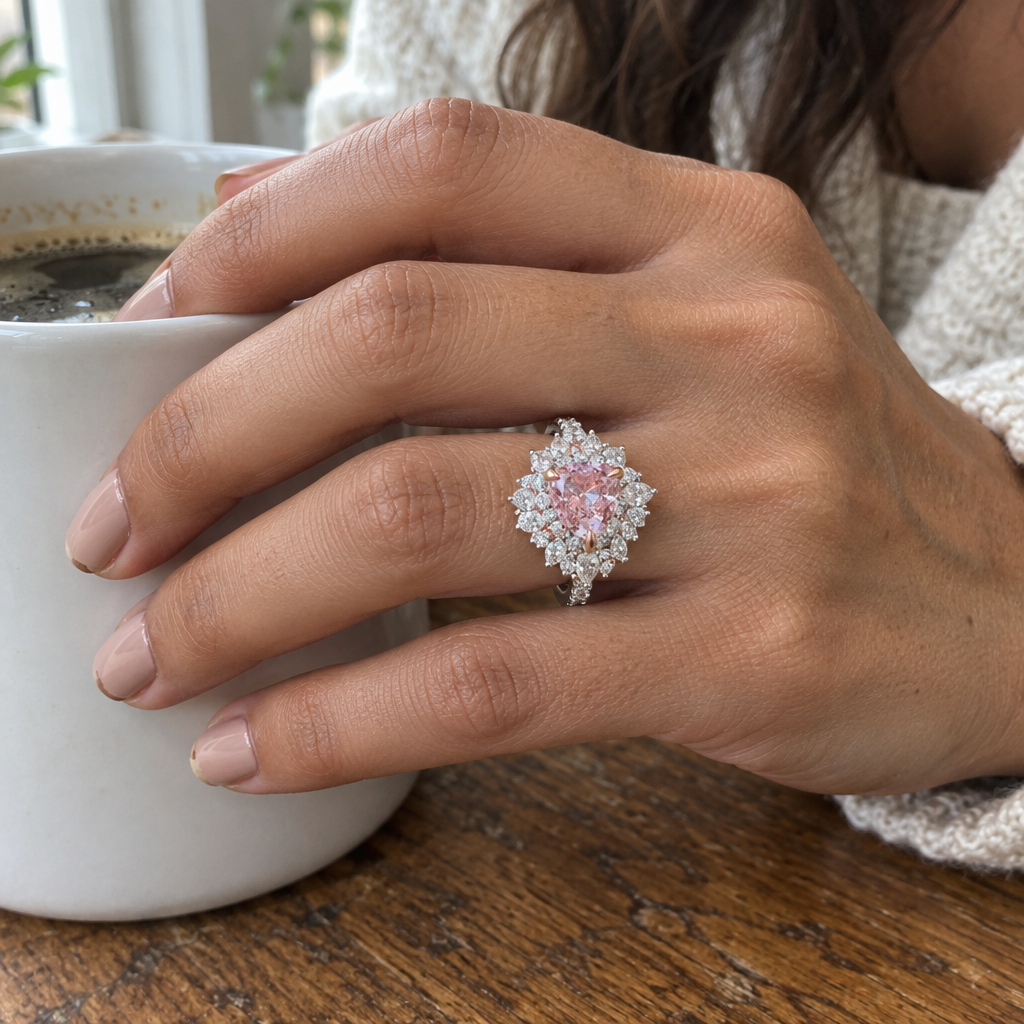 18K White Gold Pink Pear LG Diamond Ring in 18K White Gold worn on hand - Future Jewelry
