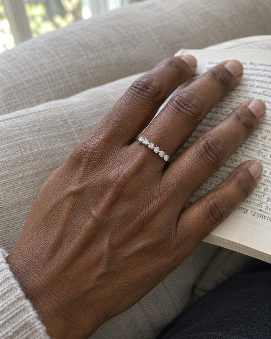 The Pear Elegance Ring in 18K White Gold Diamond Eternity Band worn on the hand - Future Jewelry