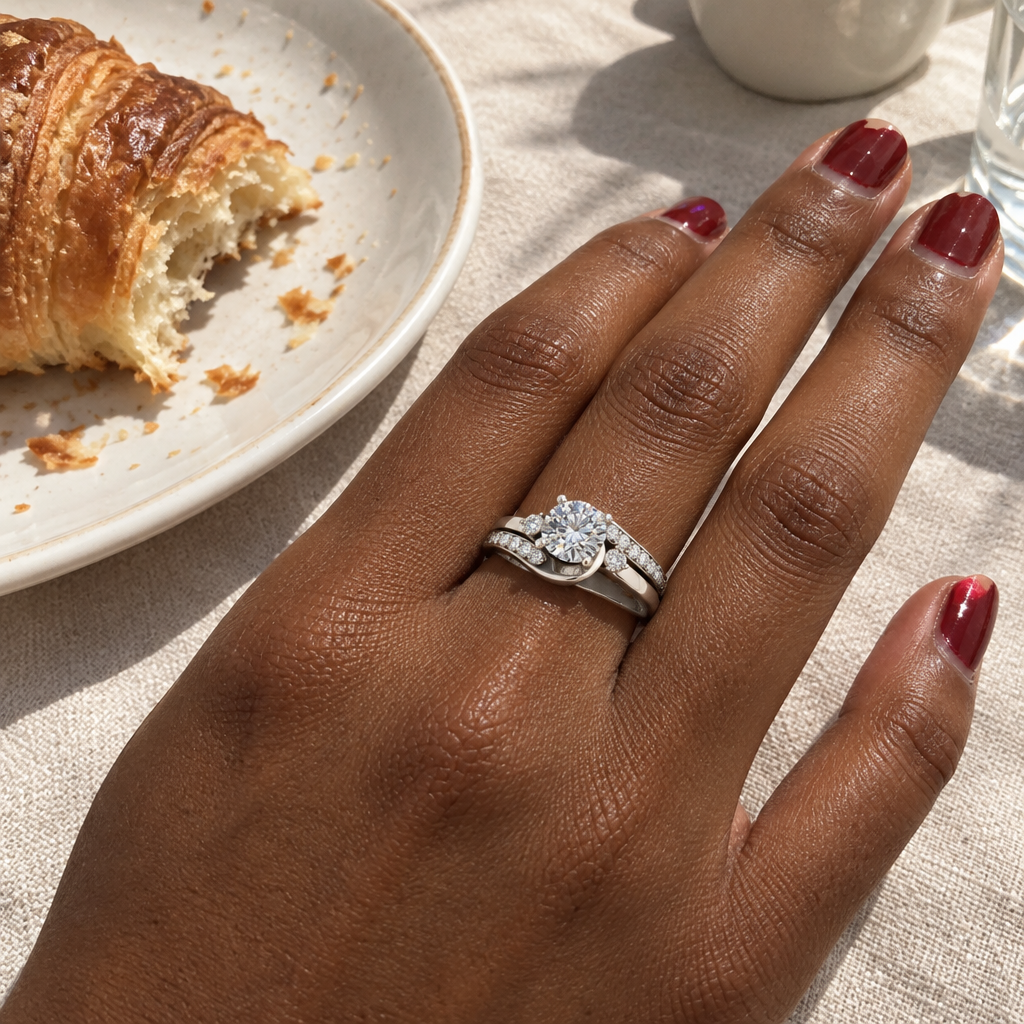 3 Carat Swirl Design Diamond Engagement Ring Setting in 14K white gold worn on hand - Future Jewelry