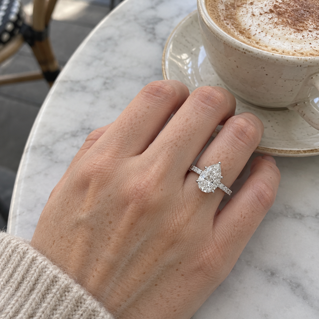 3.80 Carat Pear Lab Grown Diamond Engagement Ring in 14K White Gold worn on hand - Future Jewelry