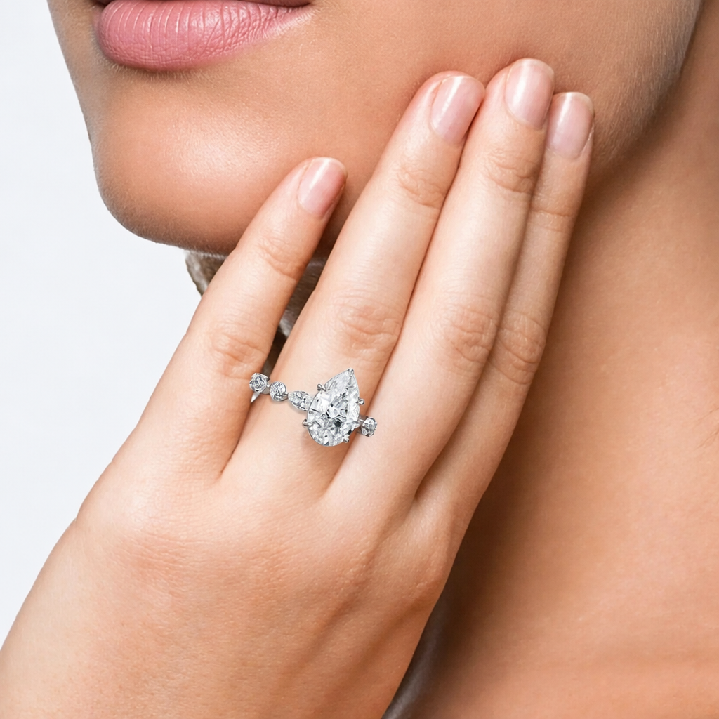 4.10 Carat Pear Lab Grown Diamond Engagement Ring in 14K White Gold worn on hand - Future Jewelry