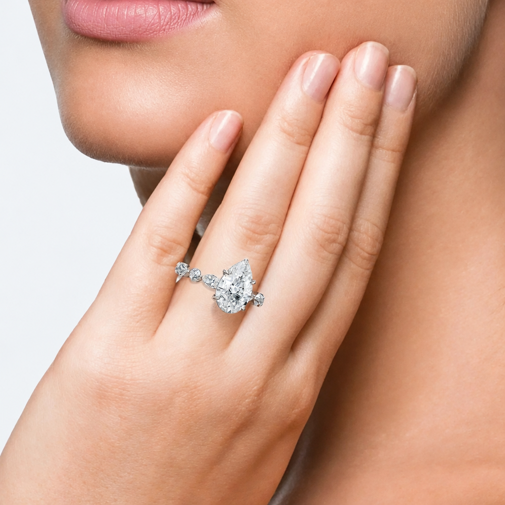 4.10 Carat Pear Lab Grown Diamond Engagement Ring in Platinum worn on hand - Future Jewelry