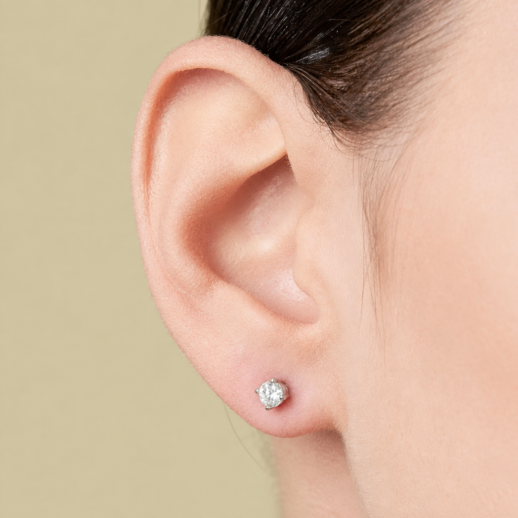 Lab Grown Diamond Stud Earrings IGI Certified in 14K White Gold worn on ear - Future Jewelry