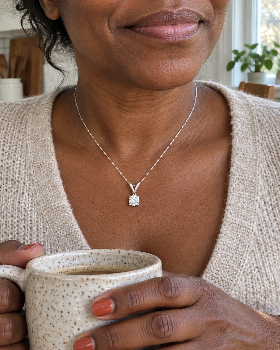 Round Lab Diamond Solitaire Pendant Necklace in 14K White Gold worn - Future Jewelry