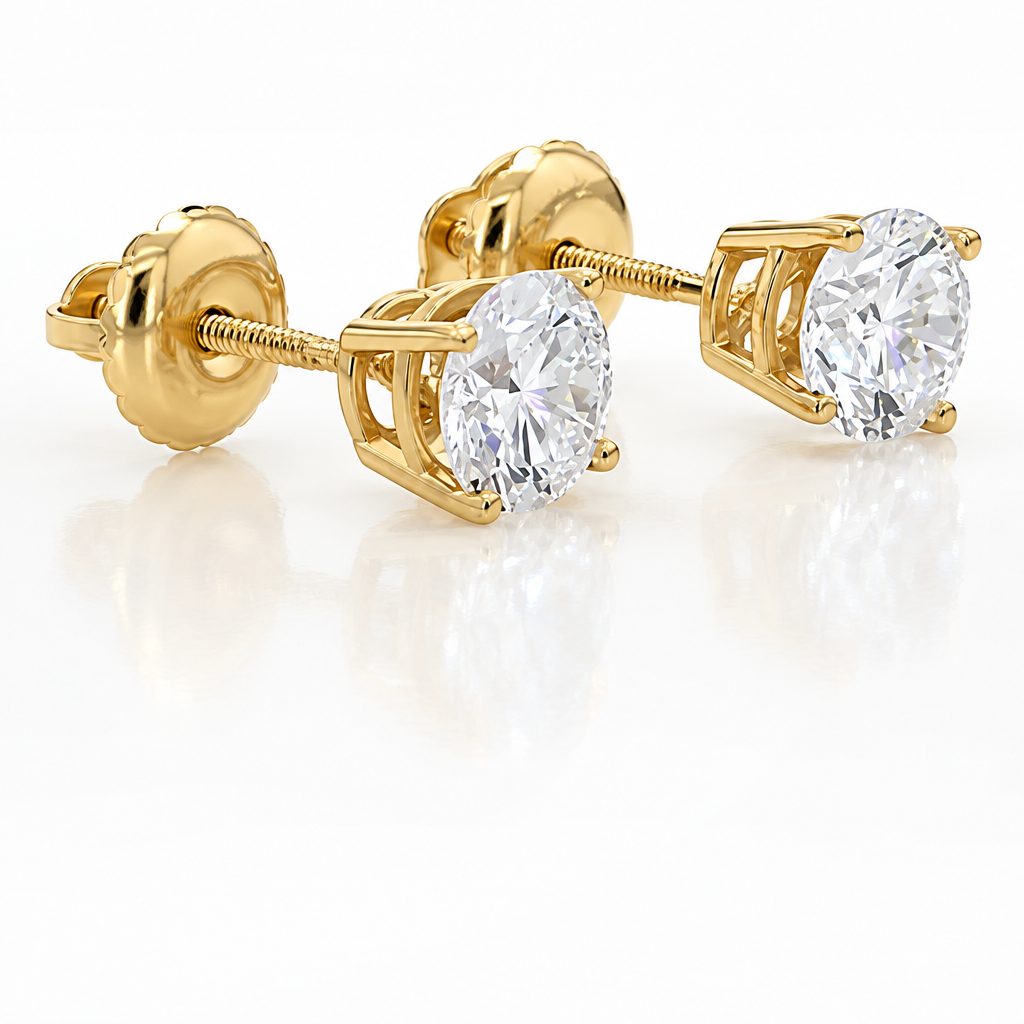 Round Cut Lab Grown Diamond Stud Earrings with screw backs in 14K Yellow Gold - Future Jewelry