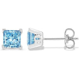 2 Carat Blue Princess Cut Lab Grown Diamond Stud Earrings, 14K White Gold