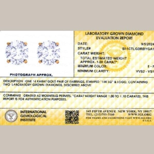 IGI Certified One Carat Lab Diamond Studs in 14K White Gold - Future Jewelry